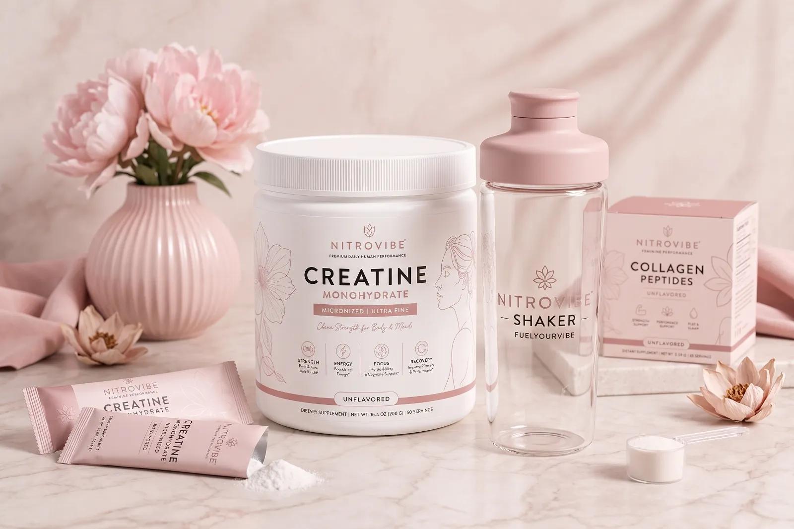 Nitrovibe creatine monohydrate jar, stick packs, shaker and collagen peptides
